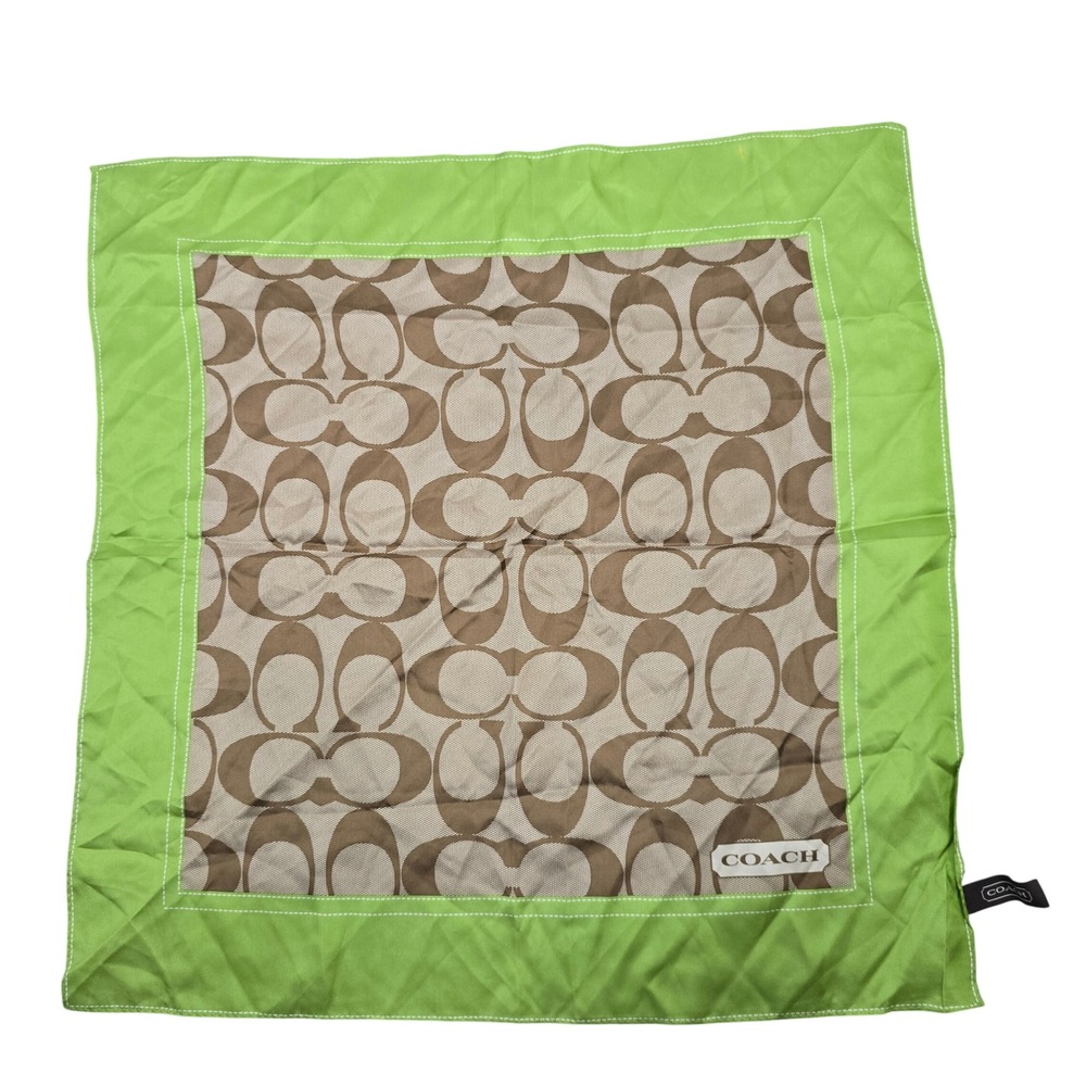 Coach Silk Square Scarf Signature C Monogram Green Tan Brown CA22508